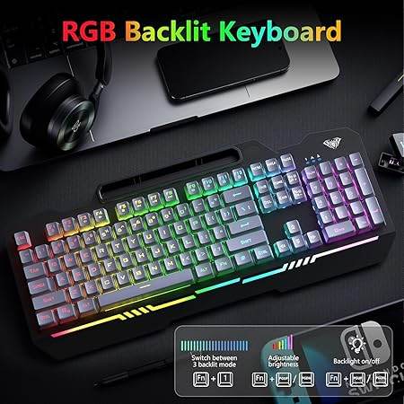 Aula T102 Gaming Keyboard and Mouse Combo | RGB Backlit Membrane Keyboard and Mouse | Wired Set for Windows PC Gamers (Black Panel | Grey Keycaps) - Rajputtrade