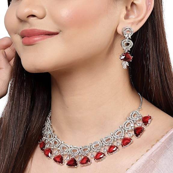 Choker Necklace And Drop Earrings Jewellery Set For Women (Red) - Rajputtrade