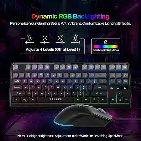 Archer Tech Lab Wired Gaming Keyboard and Mouse Combo| RGB Backlit, 87 Keys with 19 Anti-Ghosting, 7-Button Mouse, Adjustable 4 DPI (1200-3600) USB Plug & Play for PC Laptop Mac PS5 Xbox (Astra G300) - Rajputtrade