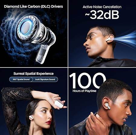 boAt Nirvana Space, 360 Spatial Audio, Active Noise Cancellation (~32dB), 100Hrs Battery,4Mics ENx, Fast Charge, v5.3 Bluetooth TWS in Ear Earbuds Wireless Earphones with mic (Celestial White) - Rajputtrade