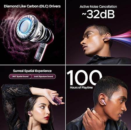 boAt Nirvana Space, 360 Spatial Audio, Active Noise Cancellation (~32dB), 100Hrs Battery,4Mics ENx, Fast Charge, v5.3 Bluetooth TWS in Ear Earbuds Wireless Earphones with mic (Pink Punch) - Rajputtrade