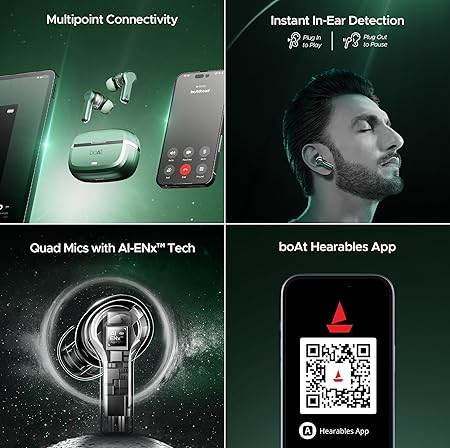 boAt Nirvana Space, 360º Spatial Audio, Active Noise Cancellation (~32dB), 100Hrs Battery,4Mics ENx, Fast Charge, v5.3 Bluetooth Earbuds, TWS Ear Buds Wireless Earphones with mic (Cosmos Green) - Rajputtrade