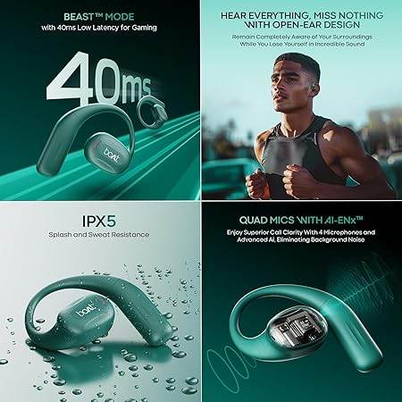 boAt Airdopes Progear Open-Ear Ear Buds for Outdoor Sports W/Air Conduction Tech, in Ear, 4 Mics W/Ai-Enx, 100Hrs Playback, 15Mm Drivers, Secure Fit,Beast Mode W/ 40Ms Latency, ASAP Charge Green - Rajputtrade