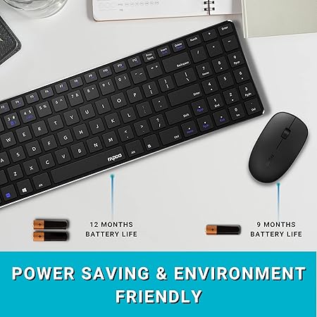 Rapoo 9300m Multi-Device Bluetooth + 2.4Ghz Wireless Keyboard & Mouse Combo Ultra Slim Design, Spill-Resistant, Anodized Aluminum Body Compatible with Windows/PC/Chromebook, 3 Years Warranty - Black - Rajputtrade