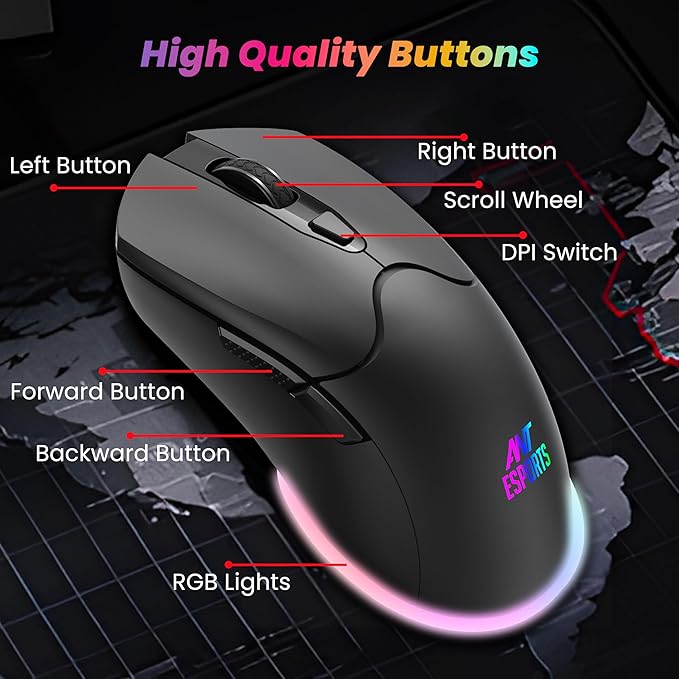 Ant Esports KM500 Pro Wireless Gaming Keyboard and Mouse Combo, LED Backlit Rechargeable 2000mAh Battery, Mechanical Feel Anti-ghosting Keyboard + 6D 3200DPI Mice for PC Gamer (Black) - Rajputtrade