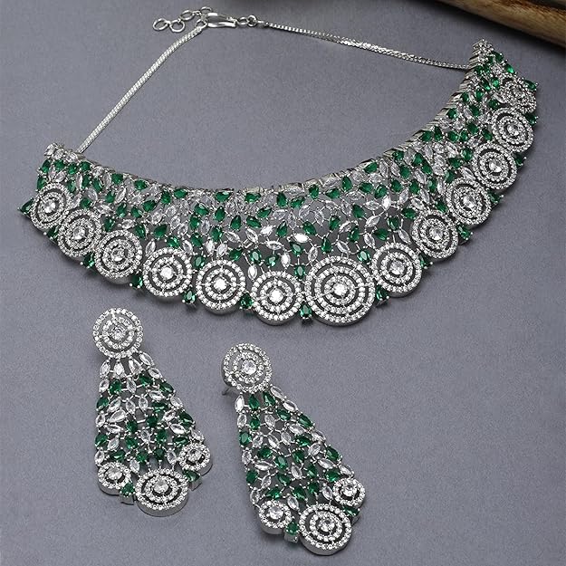 Rhodium-Plated White American Diamonds-Studded Handcrafted Jewellery Set - Rajputtrade