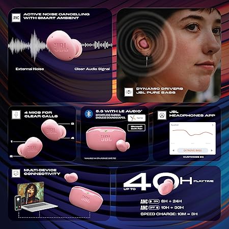 JBL Wave Buds 2 Ear Buds Wireless BluetoothV5.3, Active Noise Cancellation Earbuds,Multi Connect, App for Customized Extra Bass Eq, Relax Mode,Speed Charge, 40H Playback, Fast Pair, 4 Mics,IP54(Pink)
