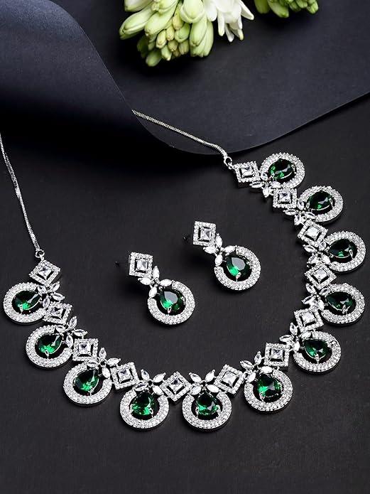 Silver Tone Blue American Diamond Studded Necklace Set for Women (Green) - Rajputtrade