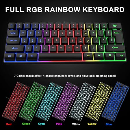 MFTEK 60% Gaming Keyboard and Mouse Combo, Ultra Compact 61 Keys TKL Design Gaming Keyboard with RGB Rainbow Backlit, Illuminated Gaming Mouse, USB Wired Keyboard Mouse Set for Laptop PC PS4 Gamer - Rajputtrade