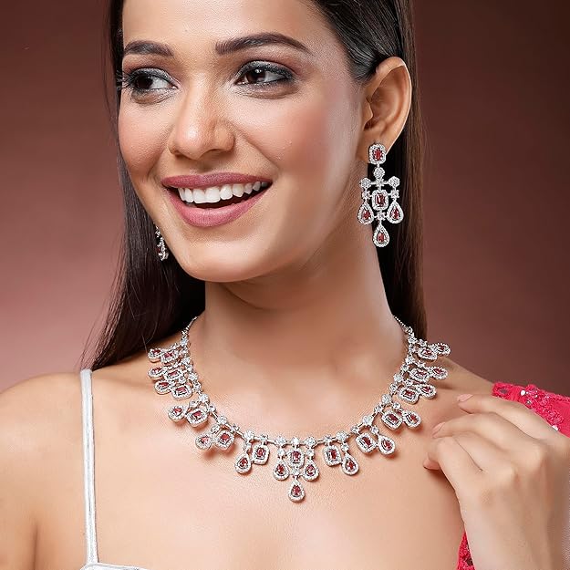 Rhodium-Plated Silver Toned Square Shaped American Diamond Studded Necklace with Earring Jewellery - Rajputtrade