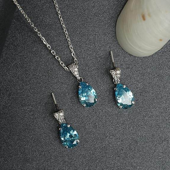 925 Sterling Silver Sky Blue Tear Drop Pendant Earring Chain Jewellery Set | Rhodium Plated, Swiss Zirconia | Gift for Women & Girls - Rajputtrade
