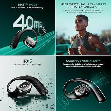 boAt Airdopes Progear Open-Ear Ear Buds for Outdoor Sports W/Air Conduction Tech,in Ear,4 Mics W/Ai-Enx, 100Hrs Playback,15Mm Drivers, Secure Fit,Beast Mode W/ 40Ms Latency, ASAP Charge(Active Black) - Rajputtrade
