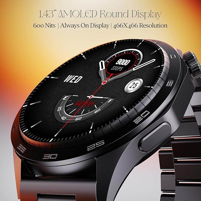 boAt Enigma Radiant Men's Luxury Watch w/Functional Crown, Upto 6 Days Battery, 1.43"(3.63 cm) AMOLED Display Smart Watch (Metal Black) - Rajputtrade