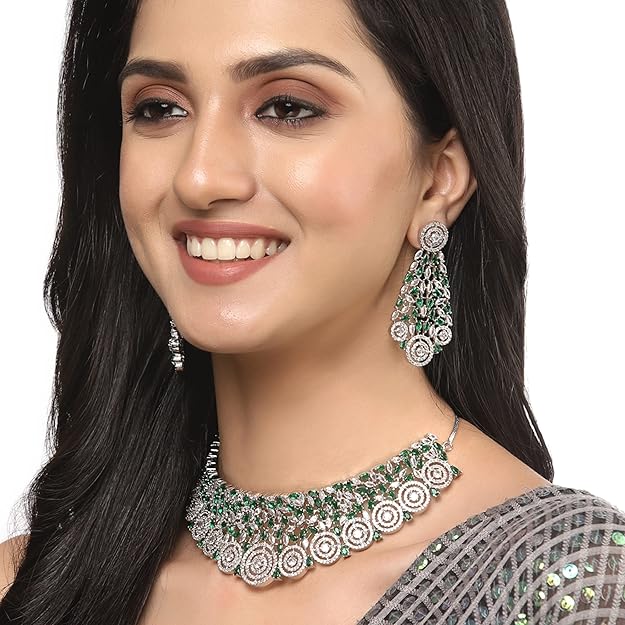 Rhodium-Plated White American Diamonds-Studded Handcrafted Jewellery Set - Rajputtrade