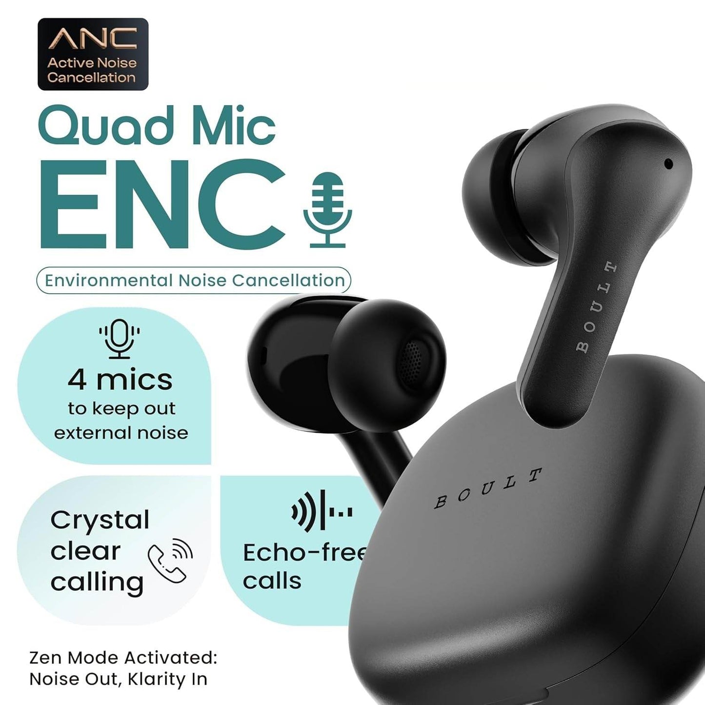 Boult Buds Klarity 4 ANC in-Ear Truly Wireless Earbuds with 35dB Active Noise Cancellation, 60H Playtime (Black) - Rajputtrade