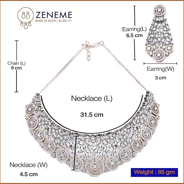 Rhodium-Plated Silver American Diamond Choker Necklace with Earrings Jewellery Set with Girls and Women - Rajputtrade