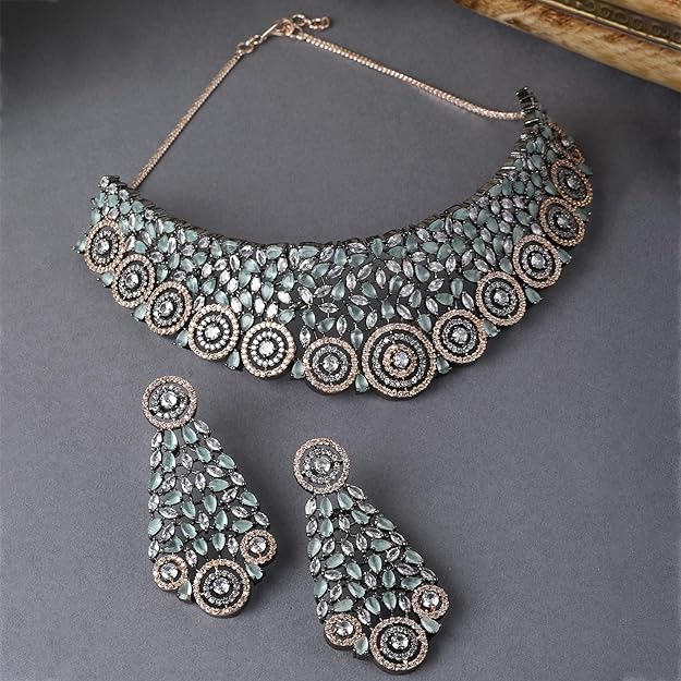Rhodium-Plated Silver American Diamond Choker Necklace with Earrings Jewellery Set with Girls and Women - Rajputtrade