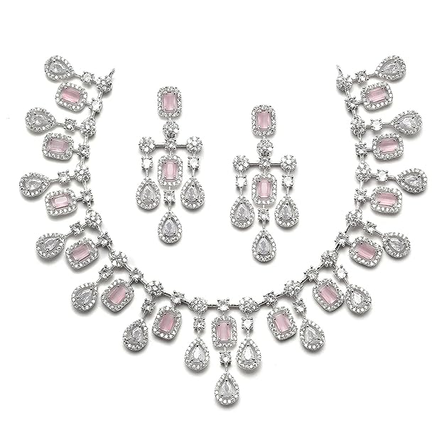 Rhodium-Plated Silver Toned Square Shaped American Diamond Studded Necklace with Earring Jewellery Set for Girls and Women - Rajputtrade