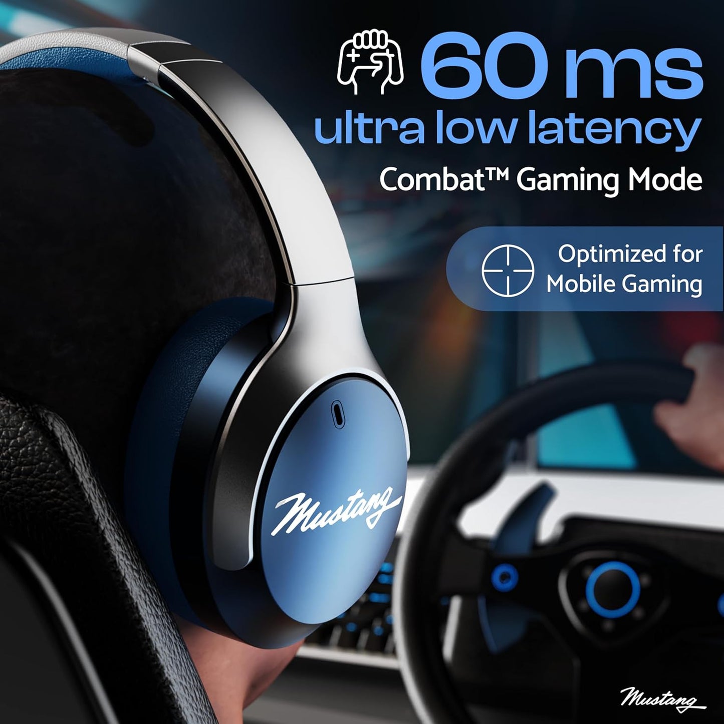 GOBOULT X Mustang Q Over Ear Bluetooth Headphones with 70H Playtime, 40mm Bass Drivers, Zen ENC Mic, Type-C Fast Charging, 4 EQ Modes, Bluetooth 5.4, AUX Option, IPX5 Wireless Headphones