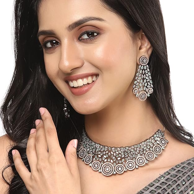 Rhodium-Plated Silver American Diamond Choker Necklace with Earrings Jewellery Set with Girls and Women - Rajputtrade