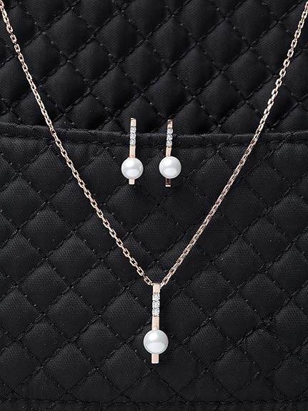 925 Sterling Silver Pearl Rose Pendant Earring Chain Jewellery Set | Rose Gold Rhodium Plated, Swiss Zirconia | Gift for Women & Girls - Rajputtrade
