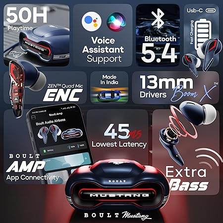 Boult x Mustang Torq Wireless in Ear Earbuds with 50H Playtime, App Support, Quad Mic ENC, 45ms Low Latency (Blue) - Rajputtrade