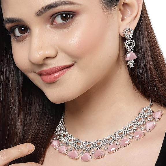 Choker Necklace And Drop Earrings Jewellery Set For Women (Pink) - Rajputtrade
