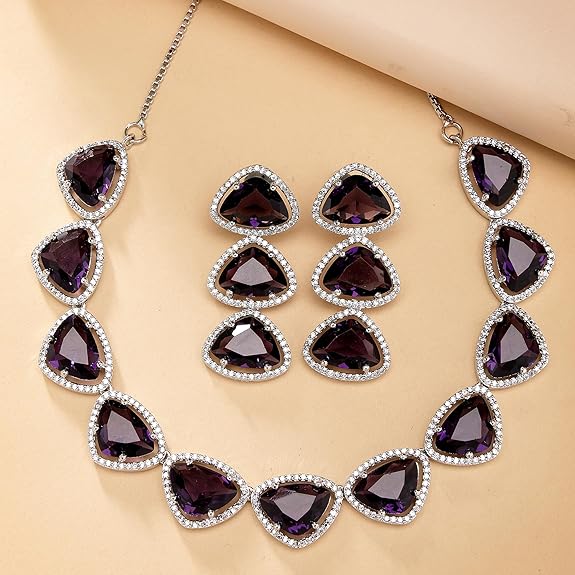 Silver Toned Triangular Shaped American Diamond Studded Jewellery Set For Women and Girl (Purple) - Rajputtrade