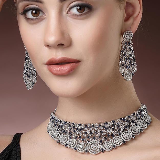 Rhodium-Plated Silver American Diamond Choker Necklace with Earrings Jewellery Set with Girls and Women - Rajputtrade