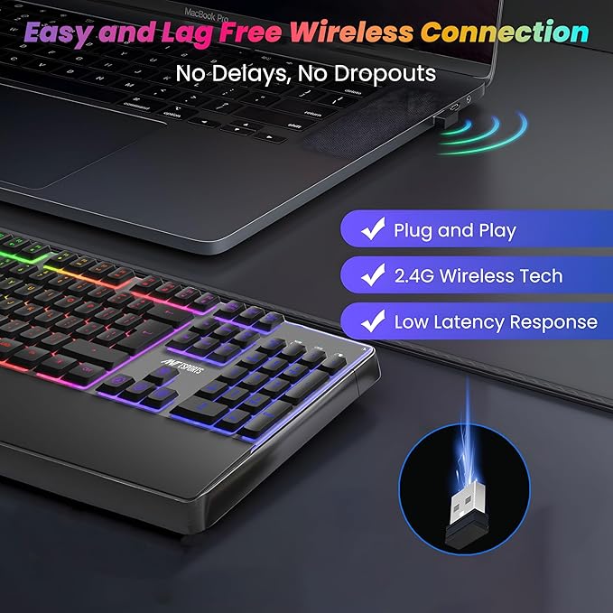 Ant Esports KM500 Pro Wireless Gaming Keyboard and Mouse Combo, LED Backlit Rechargeable 2000mAh Battery, Mechanical Feel Anti-ghosting Keyboard + 6D 3200DPI Mice for PC Gamer (Black) - Rajputtrade