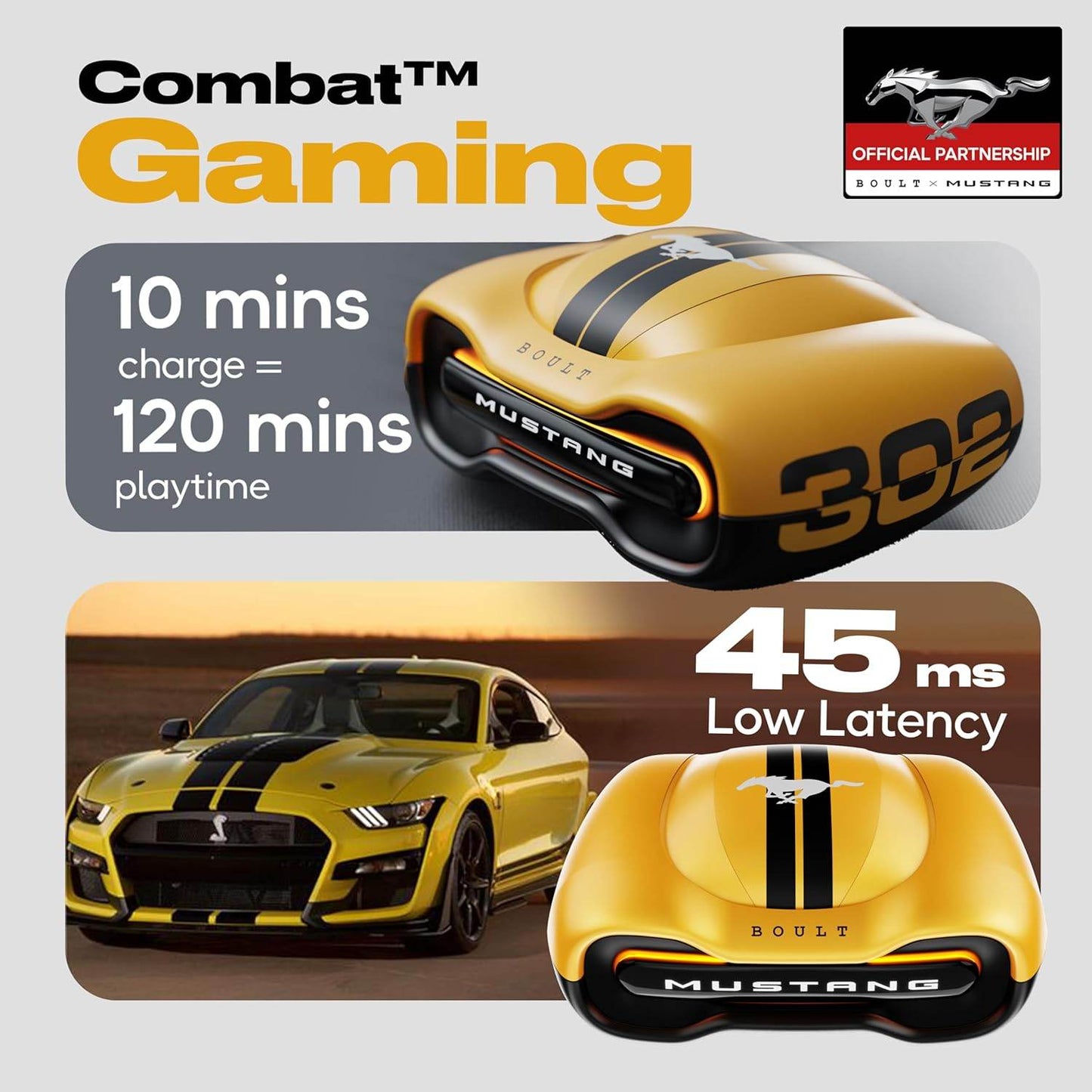 Boult X Mustang Newly Launched Torq TWS Earbuds with 60H Playtime, App Support, 4 Mics ENC, 45ms Low Latency (Yellow) - Rajputtrade