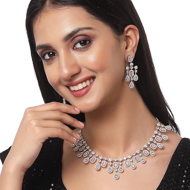 Rhodium-Plated Silver Toned Square Shaped American Diamond Studded Necklace with Earring Jewellery Set for Girls and Women - Rajputtrade