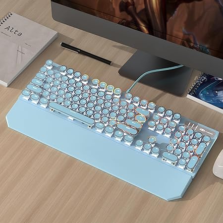 MageGee Typewriter Mechanical Gaming Keyboard, Retro Blue Punk Round Keycap LED Backlit USB Wired Keyboards for Game and Office, for Windows Laptop PC Mac - Blue Switches - Rajputtrade