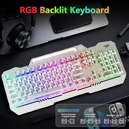 Aula T102 Gaming Keyboard and Mouse Combo | RGB Backlit Membrane Keyboard and Gaming Mouse | Wired Gaming Keyboard & Mouse Set for Windows PC Gamers (Silver Panel | White Keycaps) - Rajputtrade
