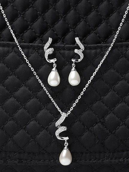 925 Sterling Silver Pearl Twist Pendant Earring Chain Jewellery Set | Rhodium Plated, Swiss Zirconia | Gift for Women & Girls - Rajputtrade