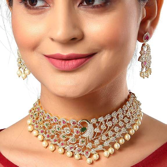 Gold Plated White & Red American Diamond Studded With Drop Pearl Beaded Jewellery Set For Women & Girl - Rajputtrade