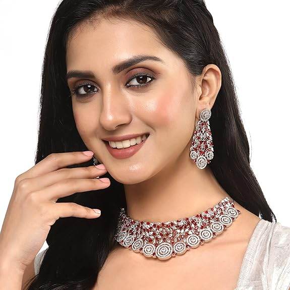Choker Necklace with Earrings Jewellery Set with Girls and Women (Red) - Rajputtrade