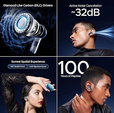 boAt Nirvana Space, 360º Spatial Audio, Active Noise Cancellation (~32dB), 100Hrs Battery,4Mics ENx, Fast Charge, v5.3 Bluetooth Earbuds, TWS Ear Buds Wireless Earphones with mic (Infinity Blue) - Rajputtrade