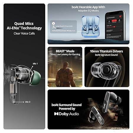 boAt Airdopes 800, Dolby Audio, Adaptive EQ by Mimi, 4Mics AI ENx, App Support, Fast Charge, IPX5, v5.3 Bluetooth TWS in Ear Earbuds Wireless Earphones with mic (Interstellar White) - Rajputtrade