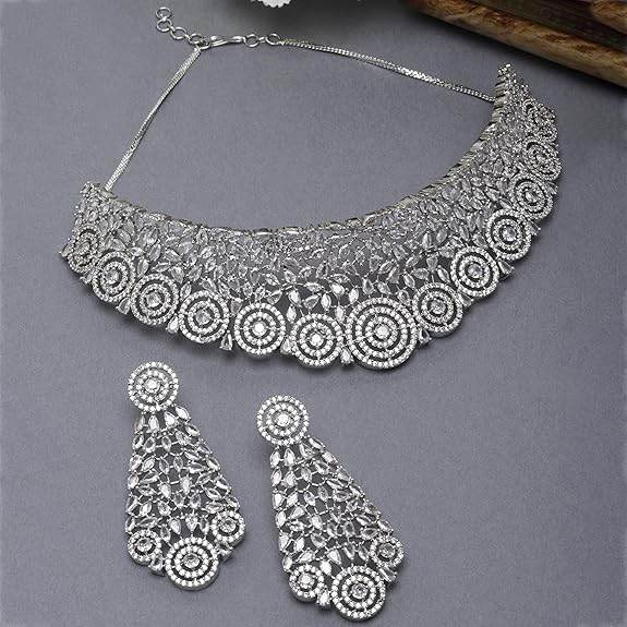 Choker Necklace with Earrings Jewellery Set with Girls and Women (White) - Rajputtrade