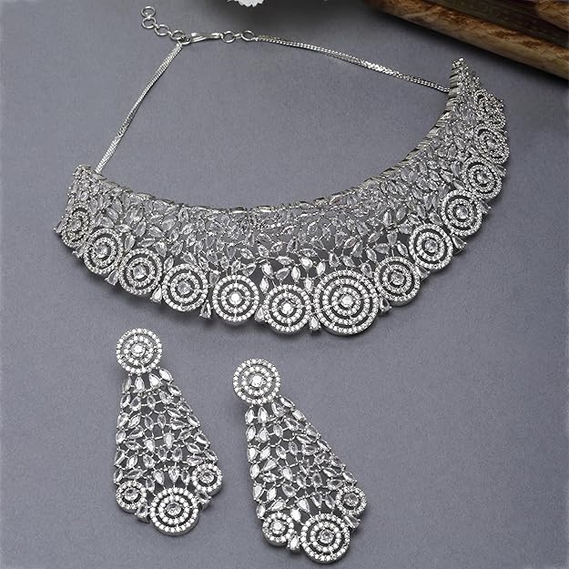 Rhodium-Plated Silver American Diamond Choker Necklace with Earrings Jewellery Set with Girls and Women - Rajputtrade