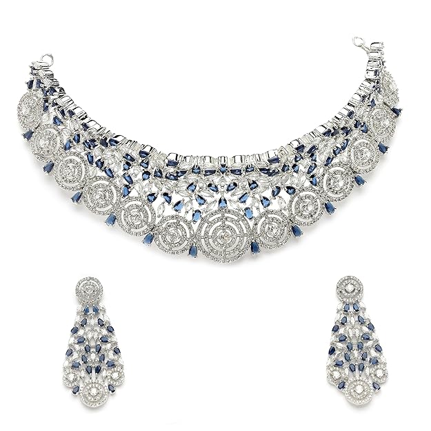 Rhodium-Plated Silver American Diamond Choker Necklace with Earrings Jewellery Set with Girls and Women - Rajputtrade