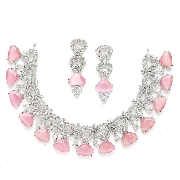 Choker Necklace And Drop Earrings Jewellery Set For Women (Pink) - Rajputtrade