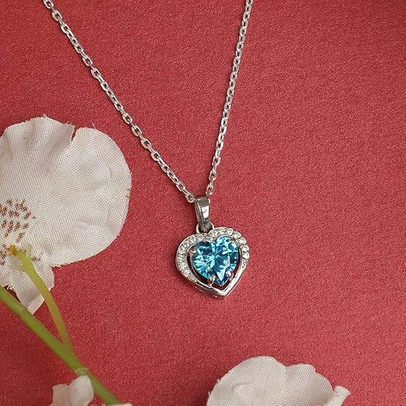 925 Sterling Silver Sky Blue Heart Pendant Earring Chain Jewellery Set | Rhodium Plated, Swiss Zirconia | Gift for Women & Girls - Rajputtrade