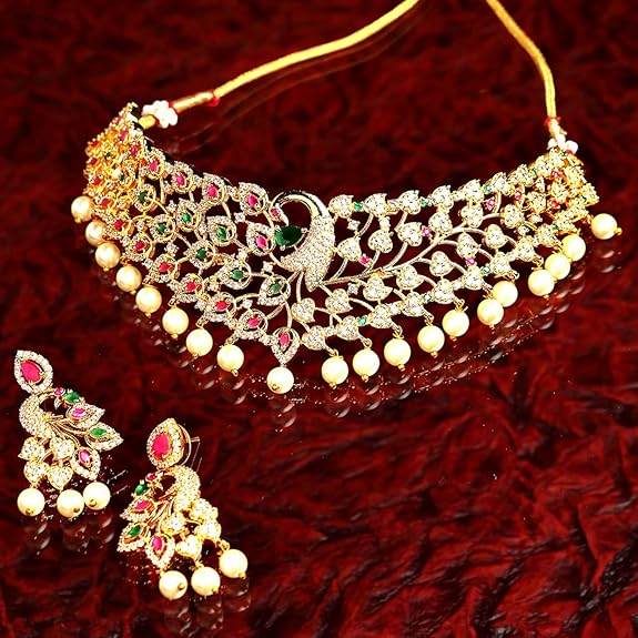 Gold Plated White & Red American Diamond Studded With Drop Pearl Beaded Jewellery Set For Women & Girl - Rajputtrade