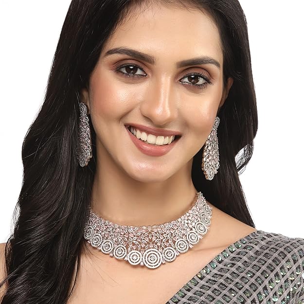 Rhodium-Plated Silver American Diamond Choker Necklace with Earrings Jewellery Set with Girls and Women - Rajputtrade
