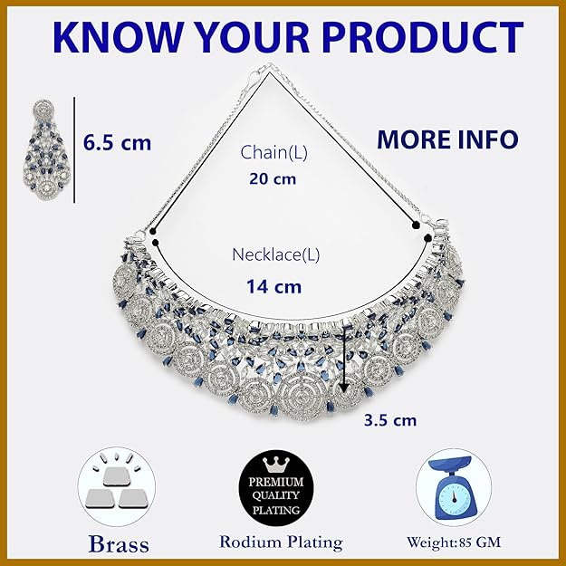 Rhodium-Plated Silver American Diamond Choker Necklace with Earrings Jewellery Set with Girls and Women - Rajputtrade