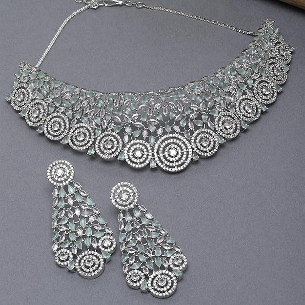 Rhodium-Plated Silver American Diamond Choker Necklace with Earrings Jewellery Set with Girls and Women - Rajputtrade