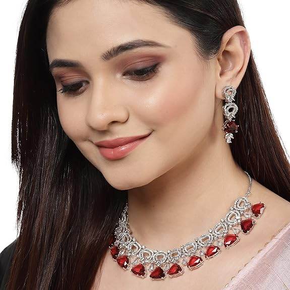 Choker Necklace And Drop Earrings Jewellery Set For Women (Red) - Rajputtrade
