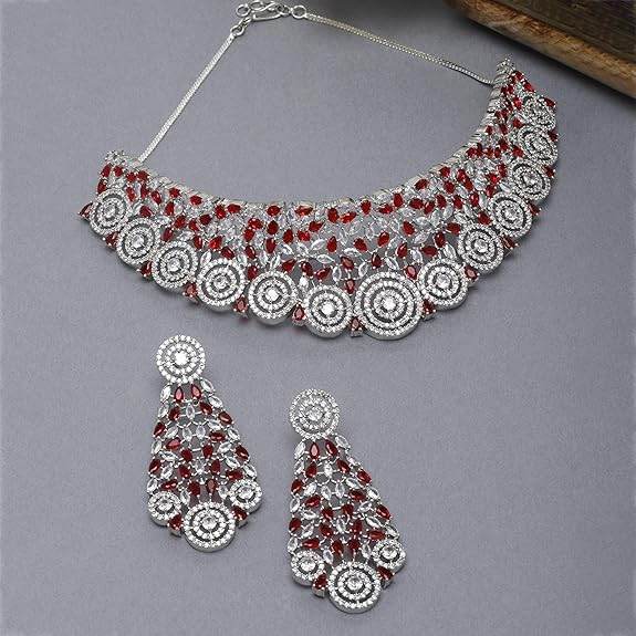 Choker Necklace with Earrings Jewellery Set with Girls and Women (Red) - Rajputtrade